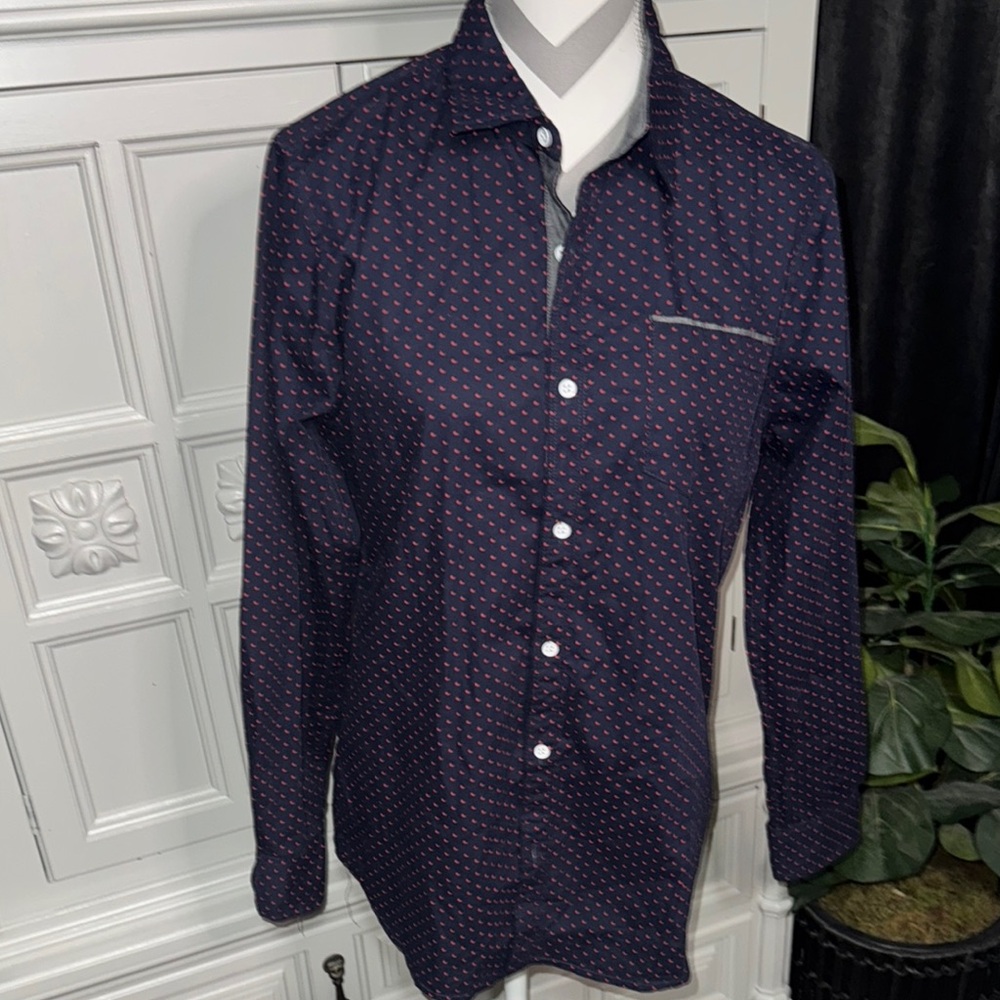 Men's Navy Blue Pattern Button-down Shirt by PD&C Size Medium